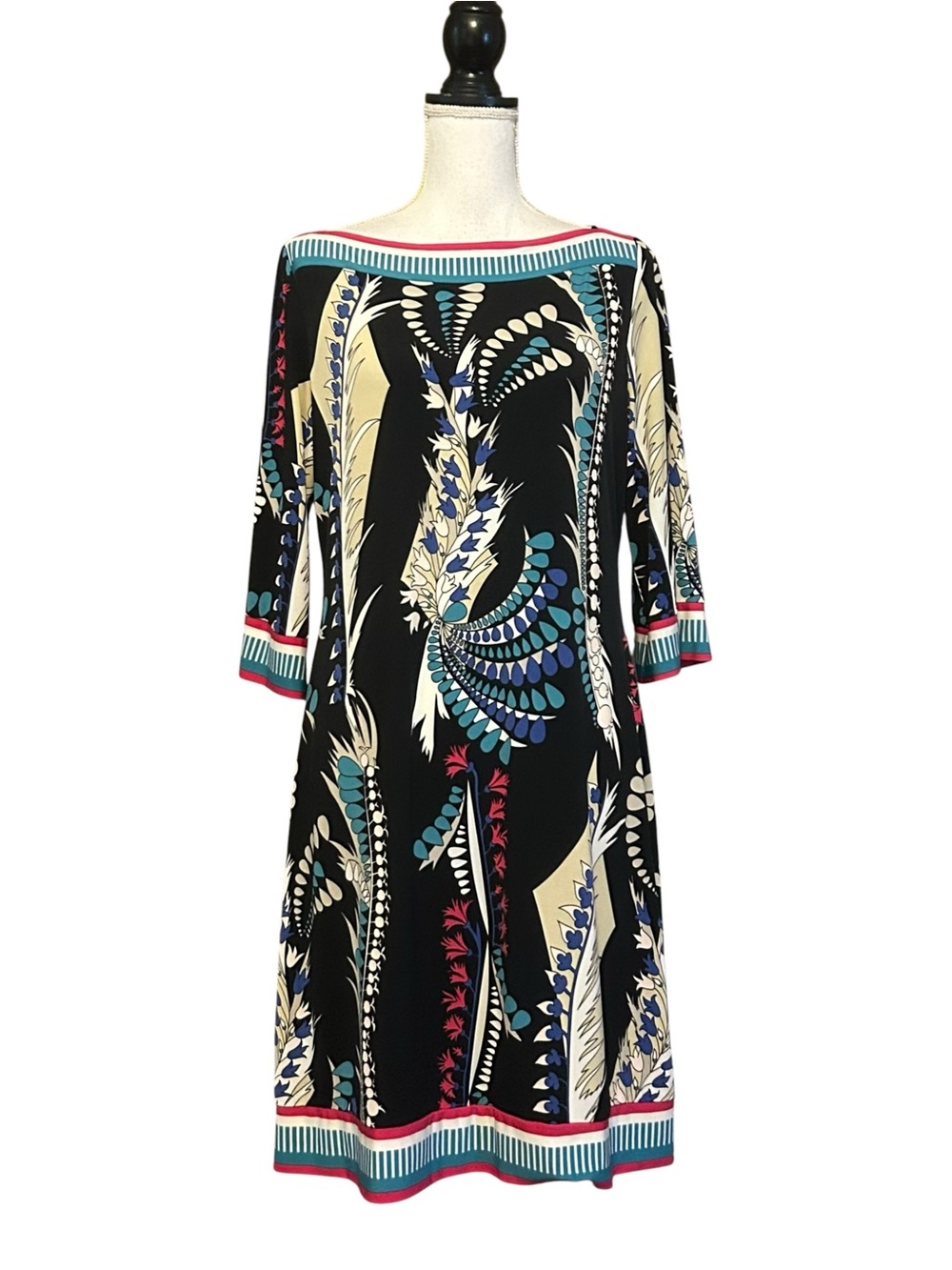 Cache Boat Neck Retro Mod Print Long Sleeve Sheath Stretch Dress Women’s SZ 12